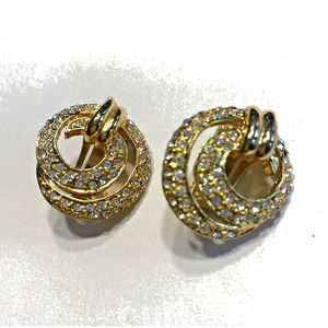 Dressy Vintage Clip On Earrings Gold & Clear White Rhinestone Swirls Chic 90's